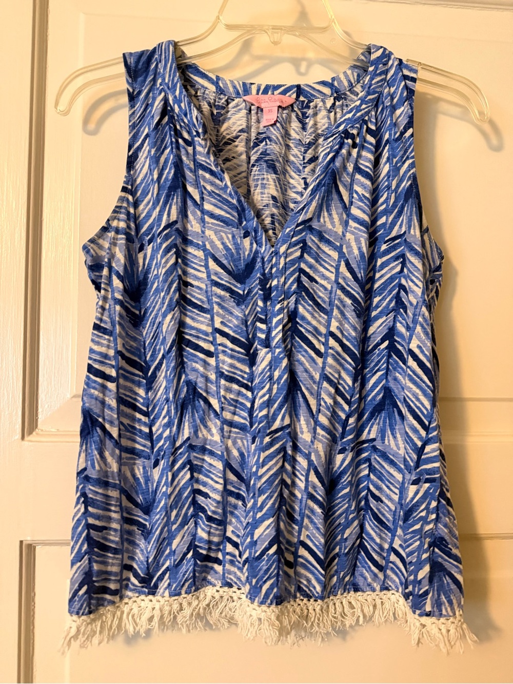 Lilly Pulitzer Blue & White Printed Sleeveless Top with Fringe
